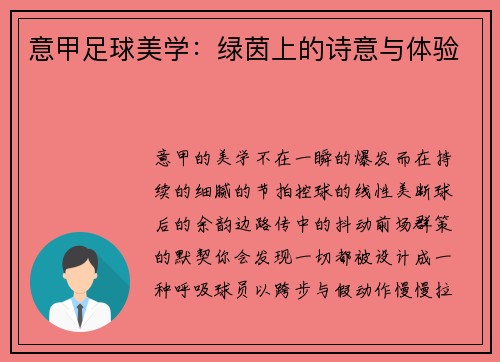 意甲足球美学:绿茵上的诗意与体验